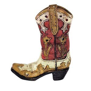 Western Cowboy Boot Figurine Ornament Holiday Decor Red Cream Brown